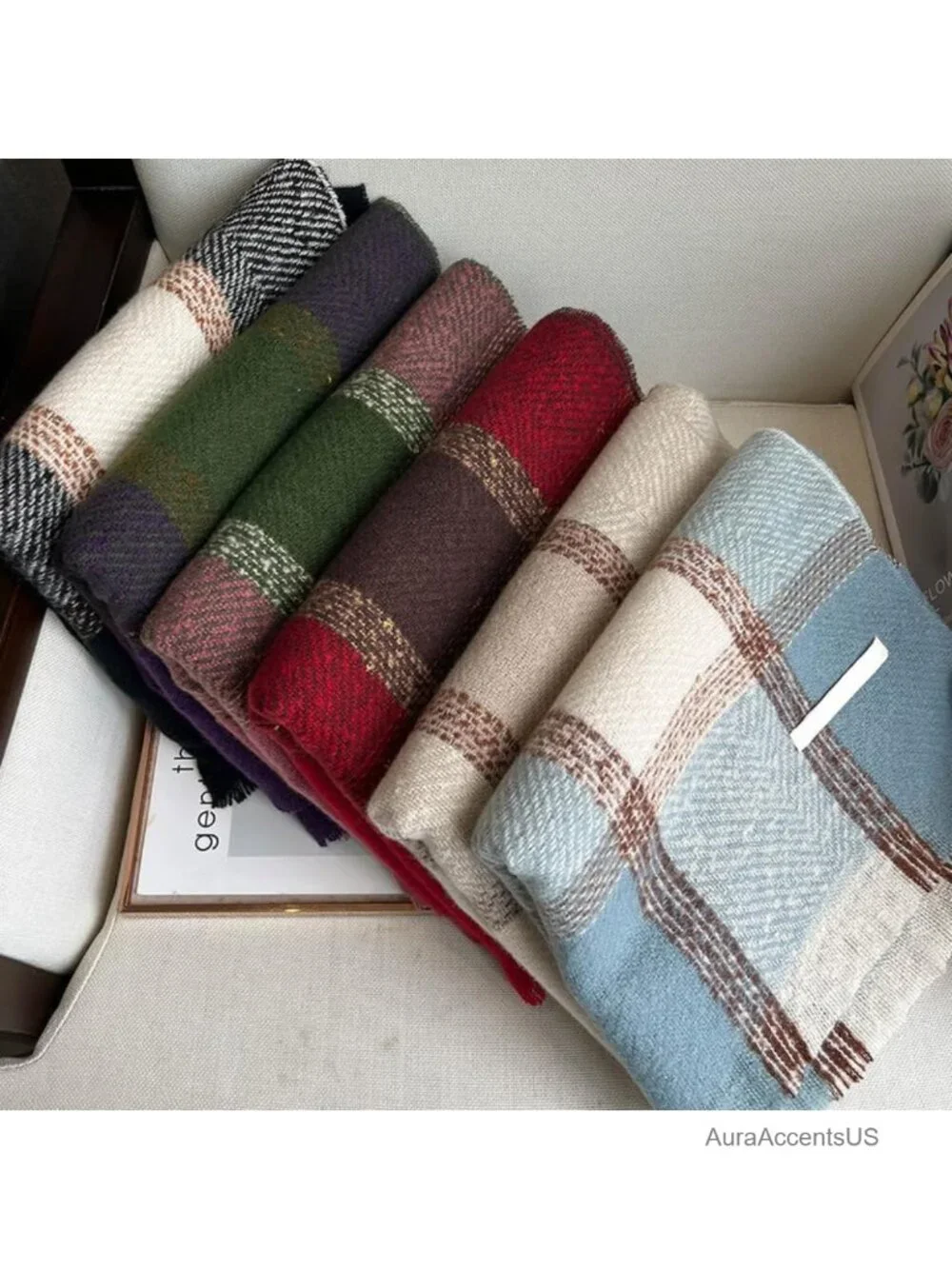 Oversized Plaid Shawl Wrap Scarf with Tassels Cashmere Feel Soft Warm Large